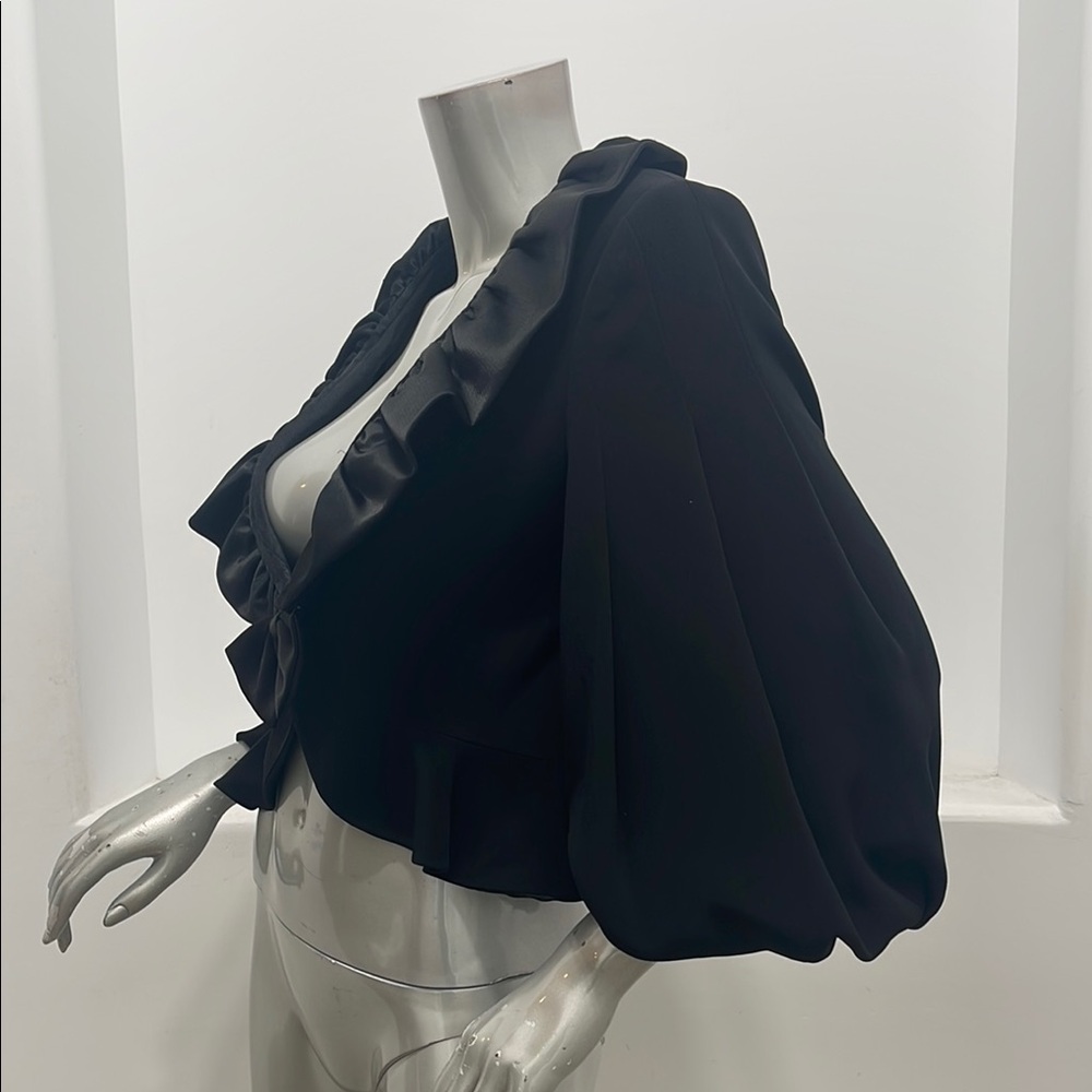 Musani Couture Black Ruffled Bow Front Peplum Satin Blouse Top EUR 42 Evening - Picture 4 of 12